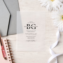 Elegante witte en zwarte monogram Initialen bruilo Vellum Uitnodigingen