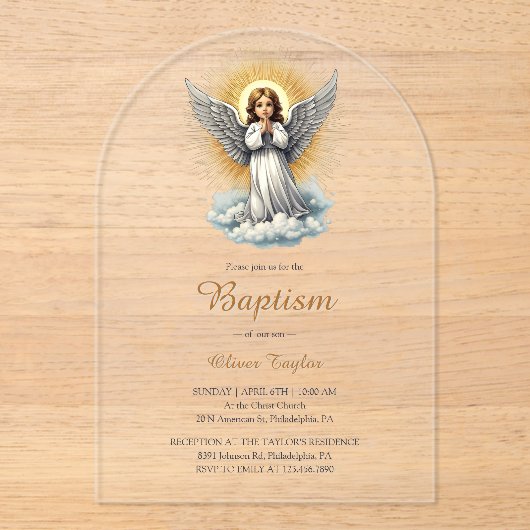 Elegante Witte Engel Religieuze Christelijke Doop Acryl Uitnodigingen (Voorkant)