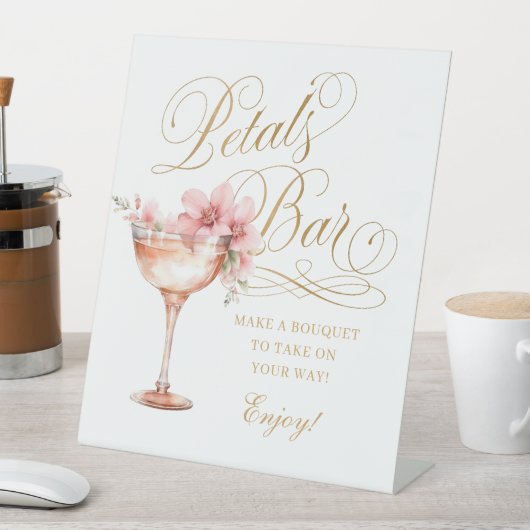 Elegante witte faux gouden roze bloemblaadjes bar reclamebord met voetstuk (Insitu)