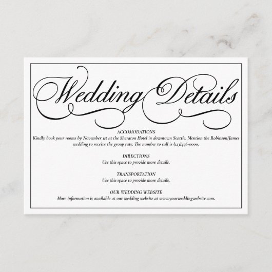 Elegante witte formele trouwdetails Kaart (Voorkant)