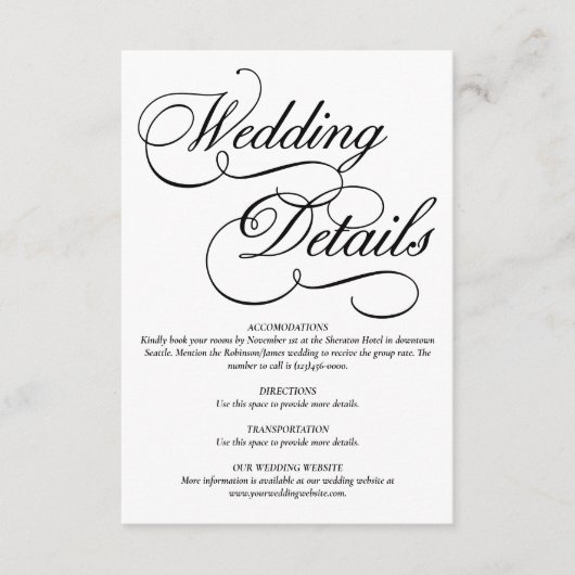 Elegante witte formele trouwdetails Kaart (Voorkant)