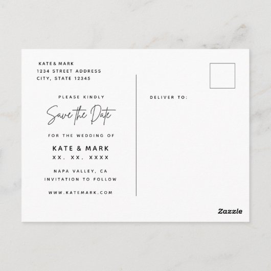 Elegante witte foto bruiloft Save the Date Briefkaart (Achterkant)