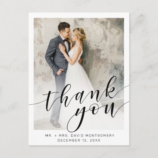 Elegante witte foto zwart script bruiloft bedankt briefkaart (Voorkant)