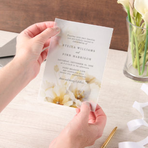 Elegante Witte Gele Gouden Bloemen Bruiloft Vellum Uitnodigingen