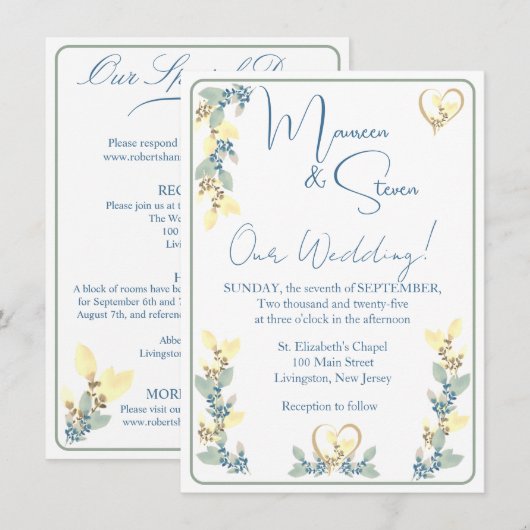 Elegante witte, gele & groene tinten bloemenbruilo kaart (Voorkant / Achterkant)