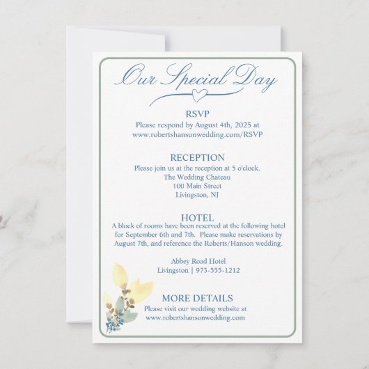 Elegante witte, gele & groene tinten bloemenbruilo kaart (Achterkant)