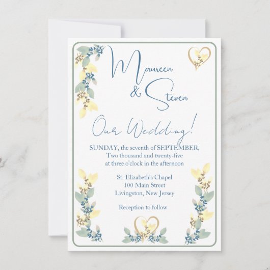 Elegante witte, gele & groene tinten bloemenbruilo kaart (Voorkant)