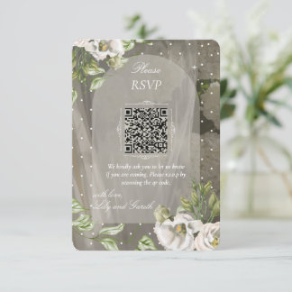 Elegante witte gepolkte groene wedding RSVP QR Kaartje