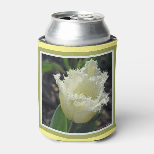 Elegante witte gerafelde tulp met grensontwerp blikjeskoeler (Blikje Voorkant)