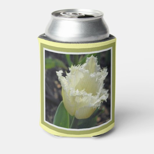 Elegante witte gerafelde tulp met grensontwerp blikjeskoeler (Blikje Achterkant)