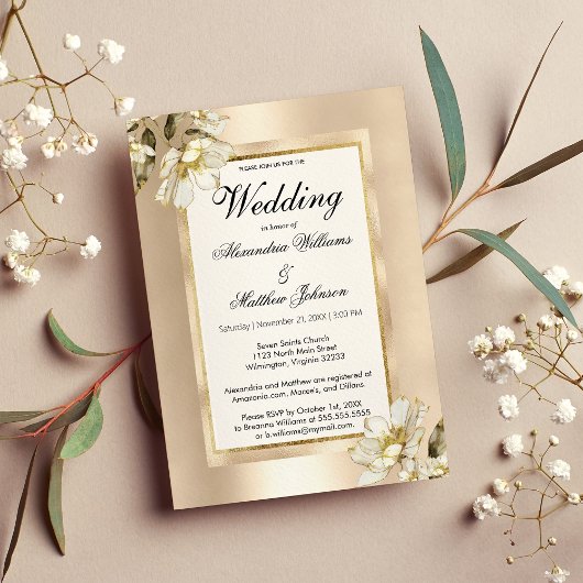 Elegante witte glam champagne gouden bloemen bruil kaart