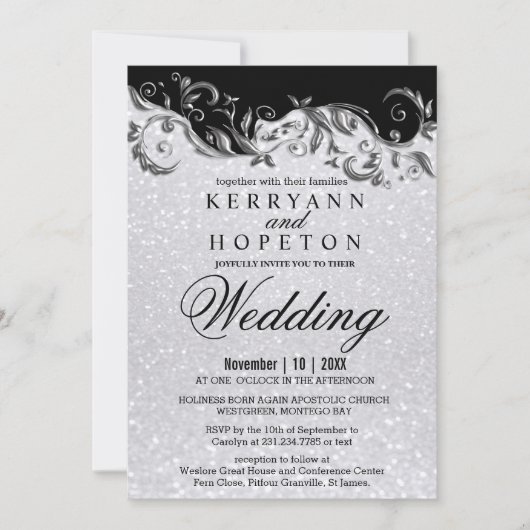 Elegante witte glitter, zwart & zilveren bruiloft  kaart (Voorkant)