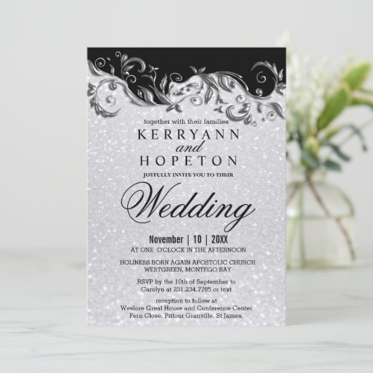 Elegante witte glitter, zwart & zilveren bruiloft  kaart (Staand voorkant)