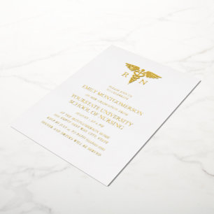 Elegante witte goud folie verpleegkundige school a uitnodiging