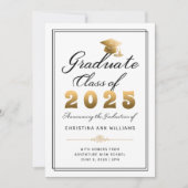 Elegante witte goud zwarte script 2025 afstudeerfe aankondiging (Voorkant)