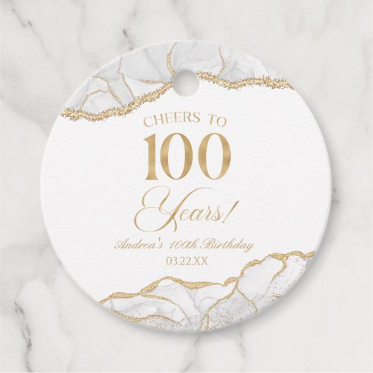 Elegante witte gouden agaat 100e verjaardagsfeest bedankjes labels (Voorkant)
