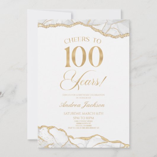 Elegante witte gouden agaat 100e verjaardagsfeest kaart (Voorkant)