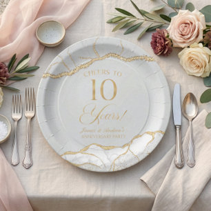 Elegante witte gouden agaat 10e jubileumfeest papieren bordje