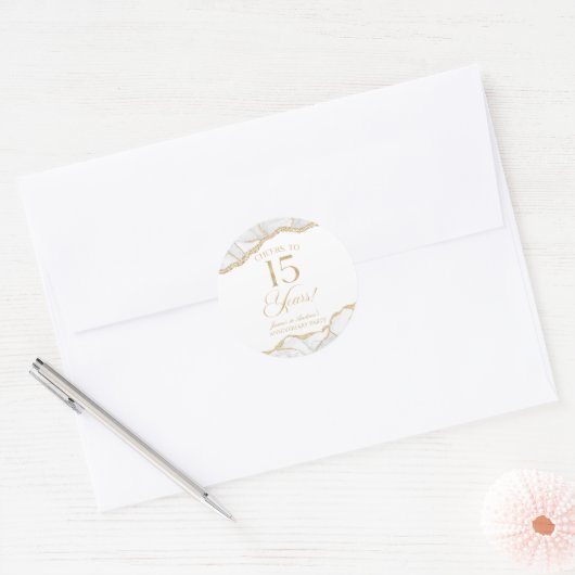 Elegante witte gouden agaat 15e jubileumfeest ronde sticker (Envelop)