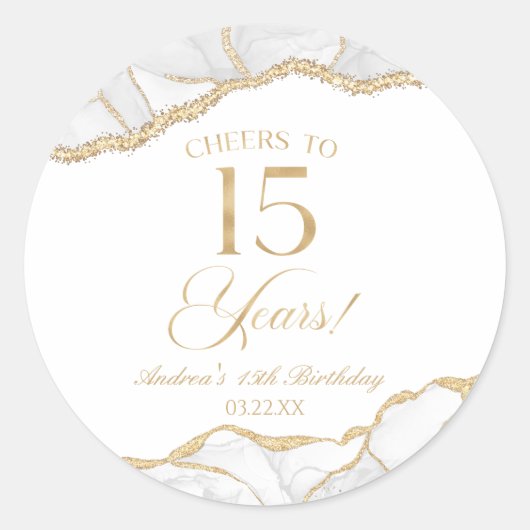 Elegante witte gouden agaat 15e verjaardagsfeest ronde sticker (Voorkant)