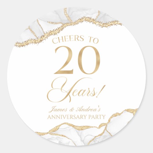 Elegante witte gouden agaat 20e jubileumfeest ronde sticker (Voorkant)
