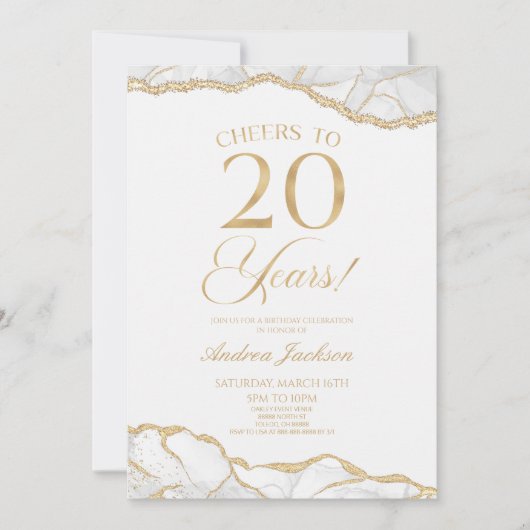 Elegante witte gouden agaat 20e verjaardagsfeest kaart (Voorkant)