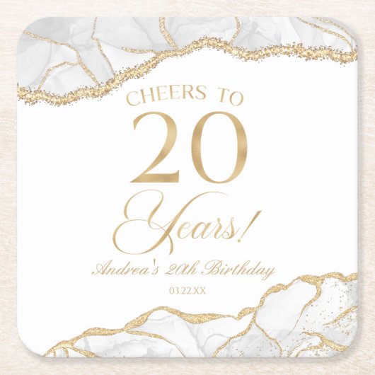 Elegante witte gouden agaat 20e verjaardagsfeest kartonnen onderzetters (Voorkant)