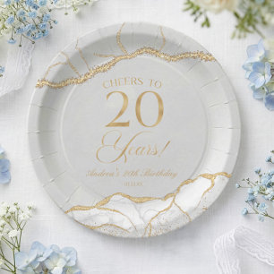 Elegante witte gouden agaat 20e verjaardagsfeest papieren bordje