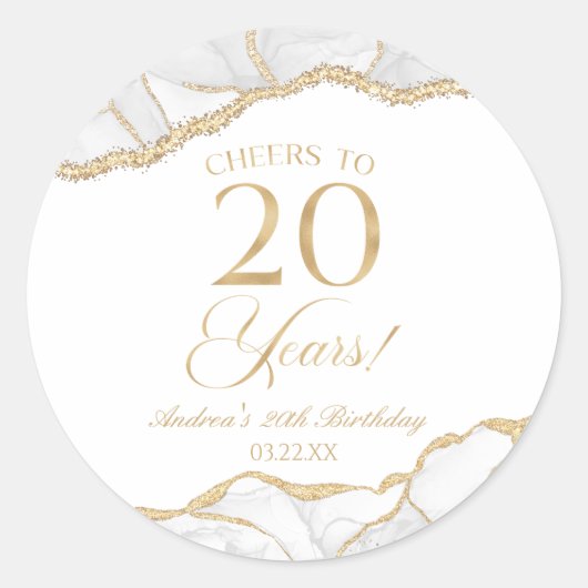 Elegante witte gouden agaat 20e verjaardagsfeest ronde sticker (Voorkant)