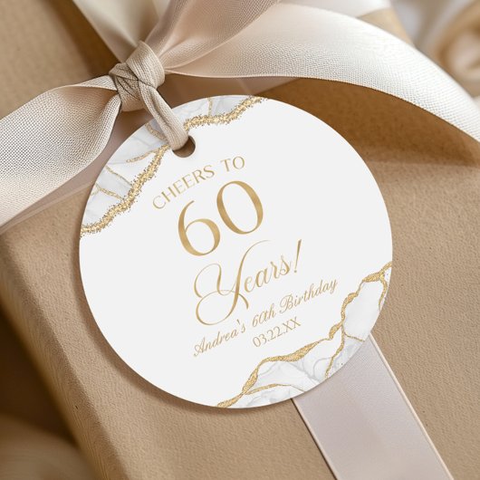 Elegante witte gouden agaat 60e verjaardagsfeest bedankjes labels