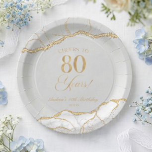 Elegante witte gouden agaat 80ste verjaardagsfeest papieren bordje