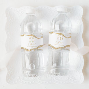 Elegante Witte Gouden Agate 50e Verjaardagsfeestje Waterfles Etiket