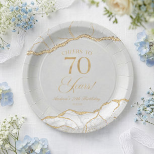 Elegante Witte Gouden Agate 70ste Verjaardagsfeest Papieren Bordje