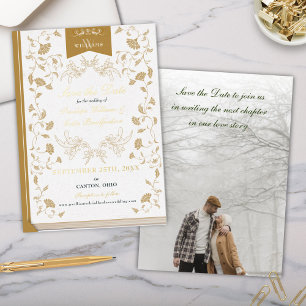 Elegante witte gouden bibliotheek trouw save the d folie uitnodiging