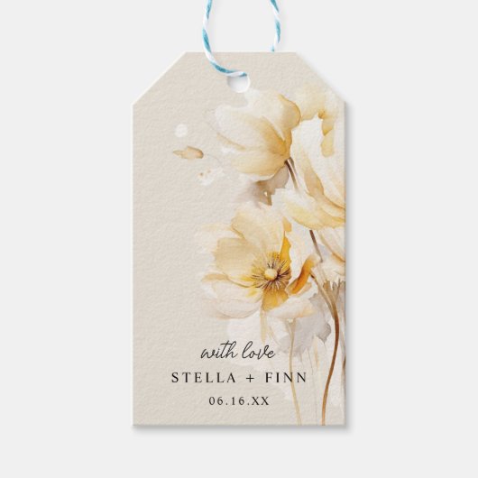 Elegante witte gouden bloem bruiloft stoffig zand cadeaulabel (Voorkant)