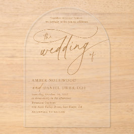 Elegante witte gouden bloemboog bruiloft acryl uitnodigingen