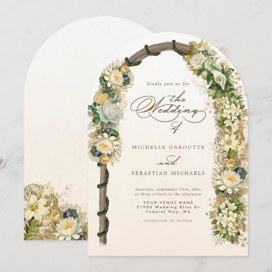 Elegante witte gouden bloemboog bruiloft kaart (Voorkant / Achterkant)