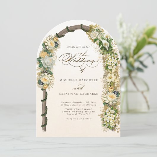 Elegante witte gouden bloemboog bruiloft kaart (Staand voorkant)