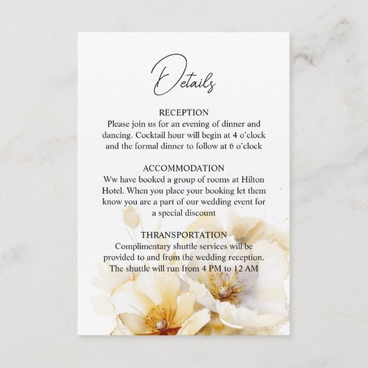 Elegante Witte Gouden Bloemen Trouwdetails QR-code Informatiekaartje (Voorkant)