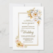 Elegante witte gouden bloemenbruiloft kaart (Voorkant)
