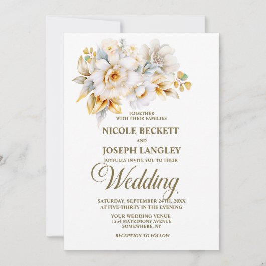 Elegante witte gouden bloemenbruiloft kaart (Voorkant)