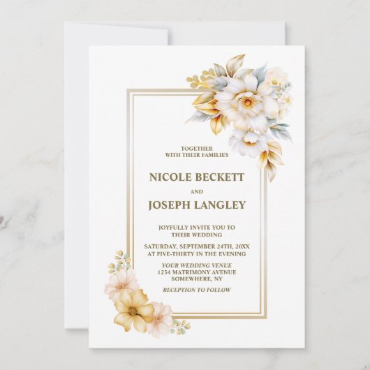 Elegante witte gouden bloemenbruiloft kaart (Voorkant)