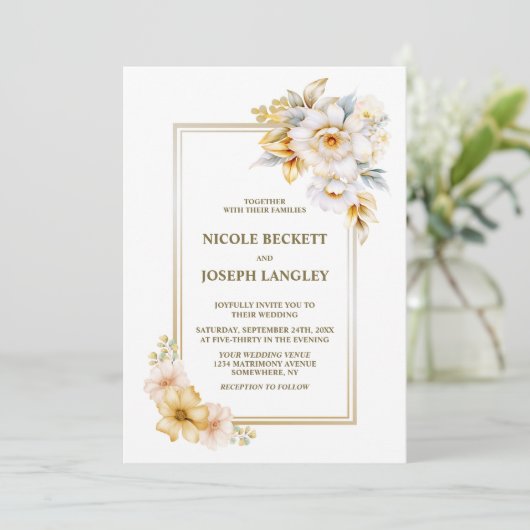 Elegante witte gouden bloemenbruiloft kaart (Staand voorkant)