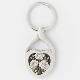 Elegante witte & gouden bloemrozen hartvormige sle sleutelhanger