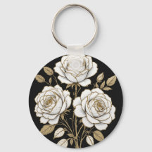 Elegante witte & gouden bloemrozen sleutelhanger –