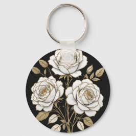 Elegante witte & gouden bloemrozen sleutelhanger –