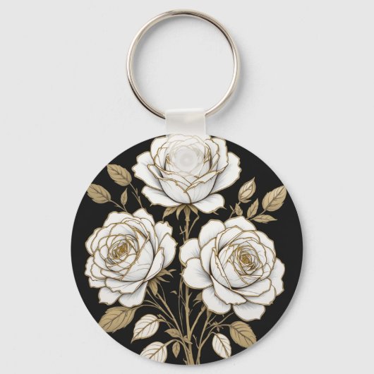 Elegante witte & gouden bloemrozen sleutelhanger – (Voorkant)