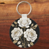 Elegante witte & gouden bloemrozen sleutelhanger – (Achterkant)