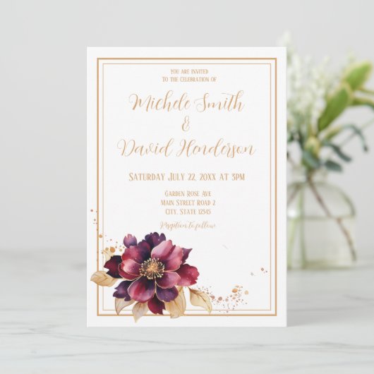 Elegante witte gouden bordeaux Waterverf bruiloft Kaart (Staand voorkant)