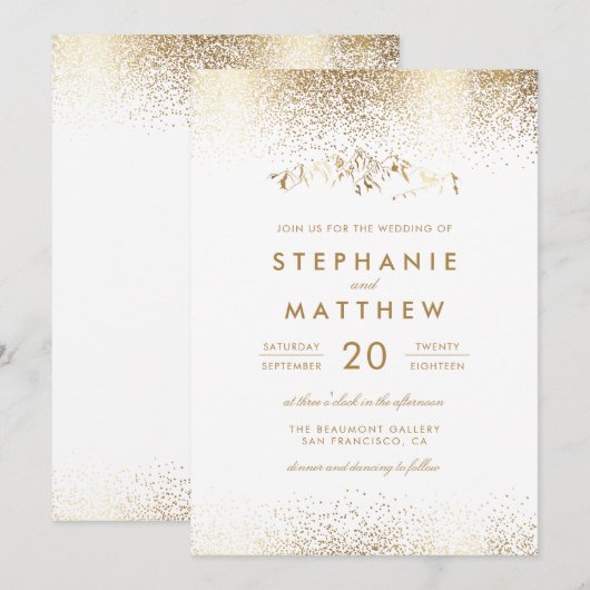 Elegante Witte & Gouden Confetti Mountain Wedding Kaart (Voorkant / Achterkant)